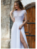 Cap Sleeves White Lace Chiffon Slit Airy Wedding Dress